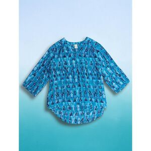 Faded Glory Blue Ikat Print 3/4 Sleeve Pleated Henley Tunic Blouse Plus 1X